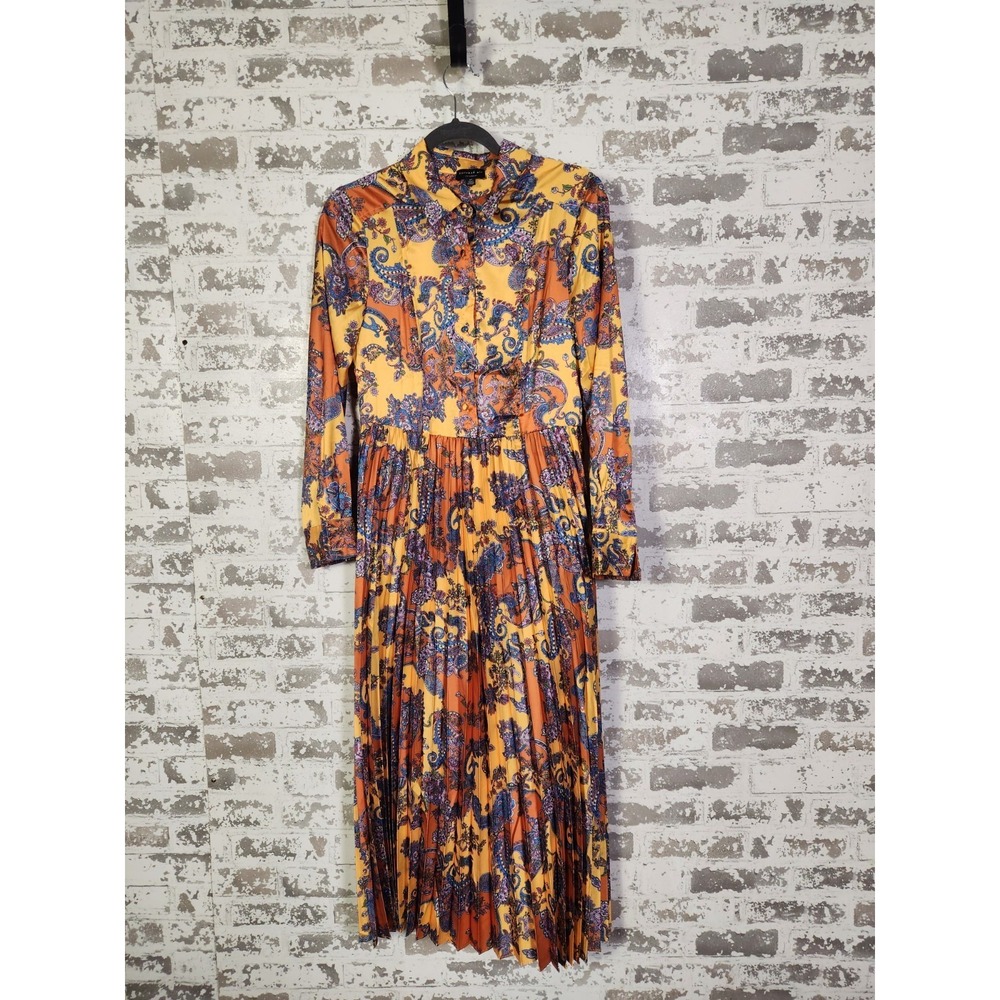 Current Air Satin Boho Dress Size‎ XS Colorful Paisley Pleated Retro Poet Read